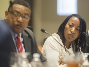 FAMU BOT Chairman Kelvin Lawson and Vice Chairwoman Kimberly Moore, chair of the Presidential Evaluation Committee, listen to board members discuss details of the exit agreement. 
