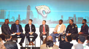 Shown l-r are panelists: Marcus Pollard (Director of Player Development & Youth Football, Jacksonville Jaguars), Rear Admiral Victor Guillory, U.S. Navy Retired, Carson Tinker, Jacksonville Jaguars, Mayor Lenny Curry, City of Jacksonville, Kelvin Beachum, Jacksonville Jaguars, Assistant Chief T.K. Waters, Violence Reduction Strategy, Jacksonville Sheriff’s Office and Prince Amukamara, Jacksonville Jaguars. 