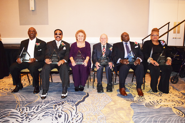Bob Hayes Hall of Fame Inductees l-r: Terrance Davis, Alvin Wyatt, Annalee and Charles McPhilomy, Cula Jackson and Kathy Griffin