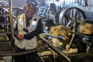 170309-N-FM530-027 ATLANTIC OCEAN (March 9, 2017) Chief Warrant Officer (CWO) 2 Summer Levert, a Cleveland native, poses for a photo in the well deck aboard amphibious transport dock ship USS Mesa Verde (LPD 19). Levert is the Navy's first black female CWO Bos'n, the subject matter expert on all major seamanship functions and the maintenance of topside gear such as; small boat operations, supervising anchoring, mooring, and replenishment-at-sea and the operation and maintenance of the ship's boats. The ship is deployed with the Bataan Amphibious Ready Group to support maritime security operations and theater security cooperation efforts in the U.S. 6th Fleet area of operations. (U.S. Navy photo by Mass Communication Specialist 2nd Class Brent Pyfrom/Released)