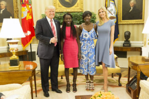 President Donald J. Trump and Presidential Assistant Ivanka Trump welcome Chibok schoolgirls Joy Bishara and Lydia Pogu, who along with more than 270 classmates were kidnapped by the Book Haram militants in April 2014, and recently released, visit the Oval Office at the White House,Tuesday, June 27, 2017,  in Washington, D.C. (Official White House Photo by Claire Barnett)