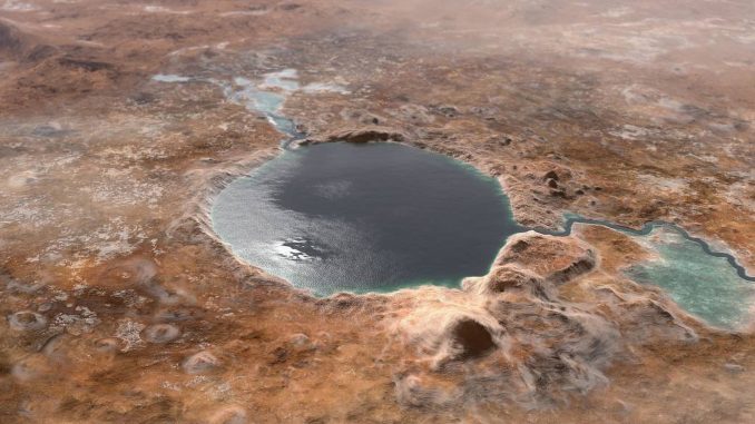 An illustration of Jezero crater as a lake. (NASA, JPL-Caltech/Zenger)