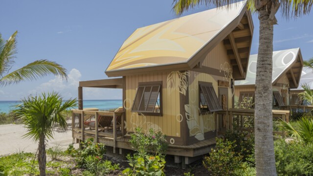 Steps from the white sands of the adult-exclusive beach at Disney Lookout Cay at Lighthouse Point on the island of Eleuthera in The Bahamas, debuting in June 2024, the colorful Serenity Bay Cabanas are available to rent for guests 18 years and older (Kent Phillips, Photographer). © Disney